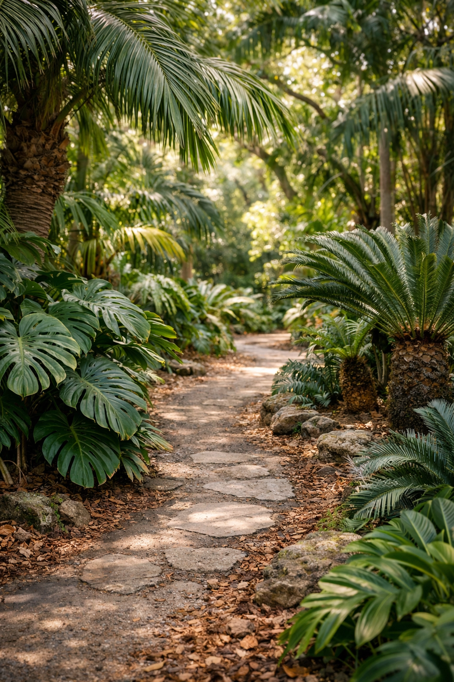 Tropical garden path with lush palms and monstera leaves at Fairchild Tropical Botanic Garden.