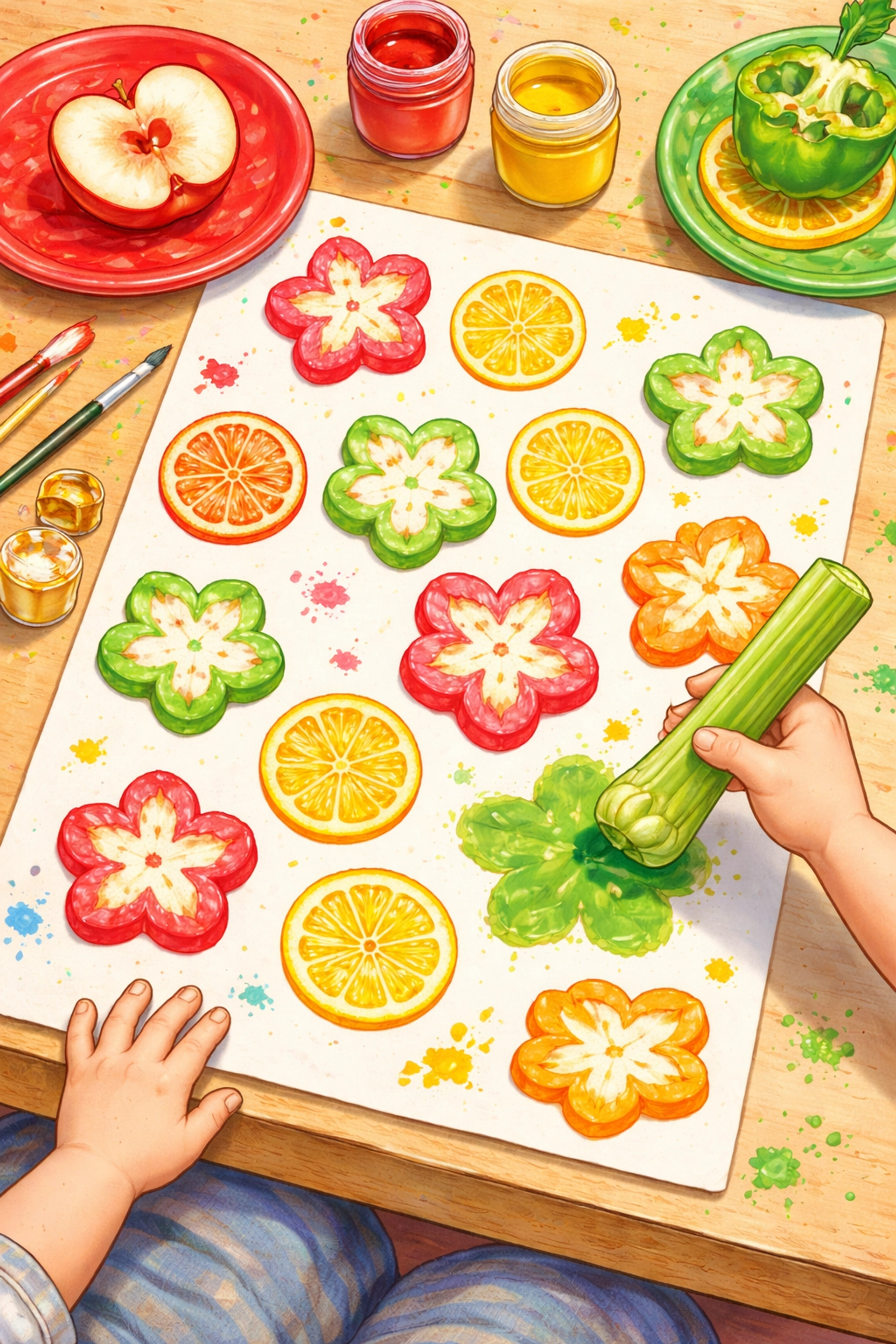 Colorful fruit stamp art made by kids, showing apple star, citrus, and pepper prints on paper