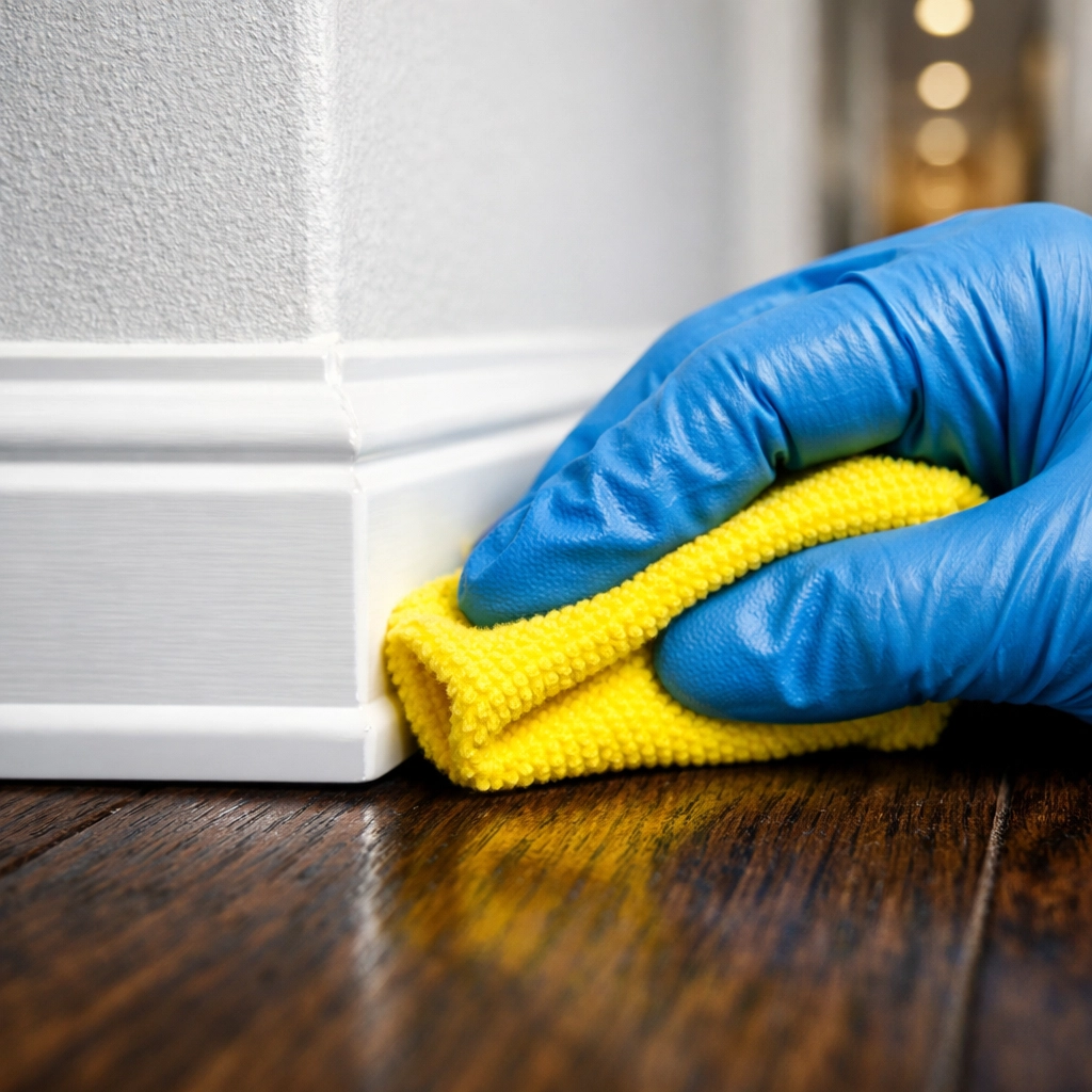 Detailed deep cleaning services focused on baseboards and hardwood floor corners in Wellesley.