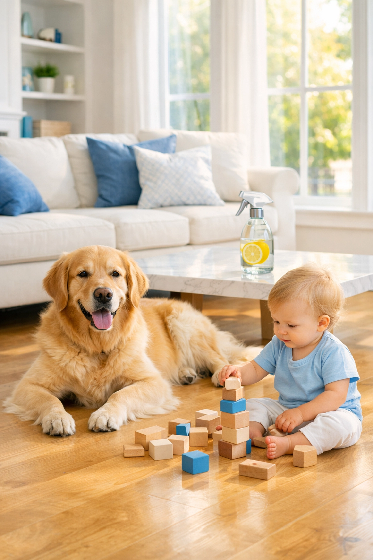 Eco-friendly deep cleaning products used in a safe home environment for children and pets.