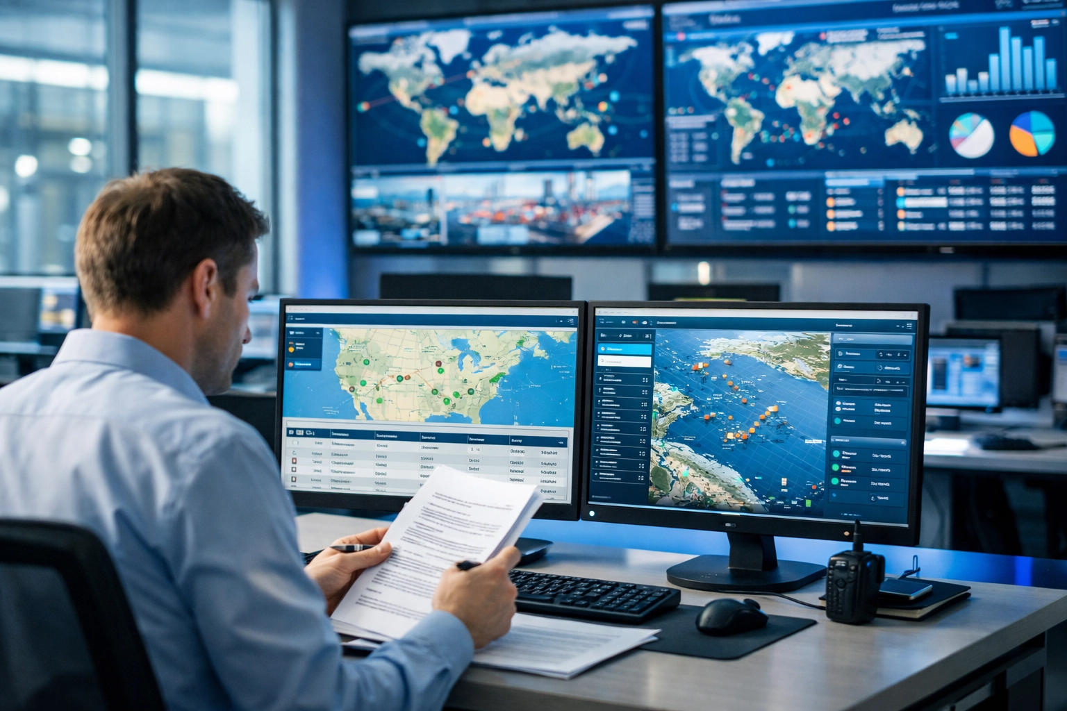 Logistics control room with real-time GPS tracking monitors for cargo shipment monitoring