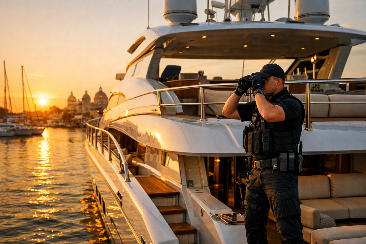 Professional maritime security guard monitoring yacht at Colombian marina docking area