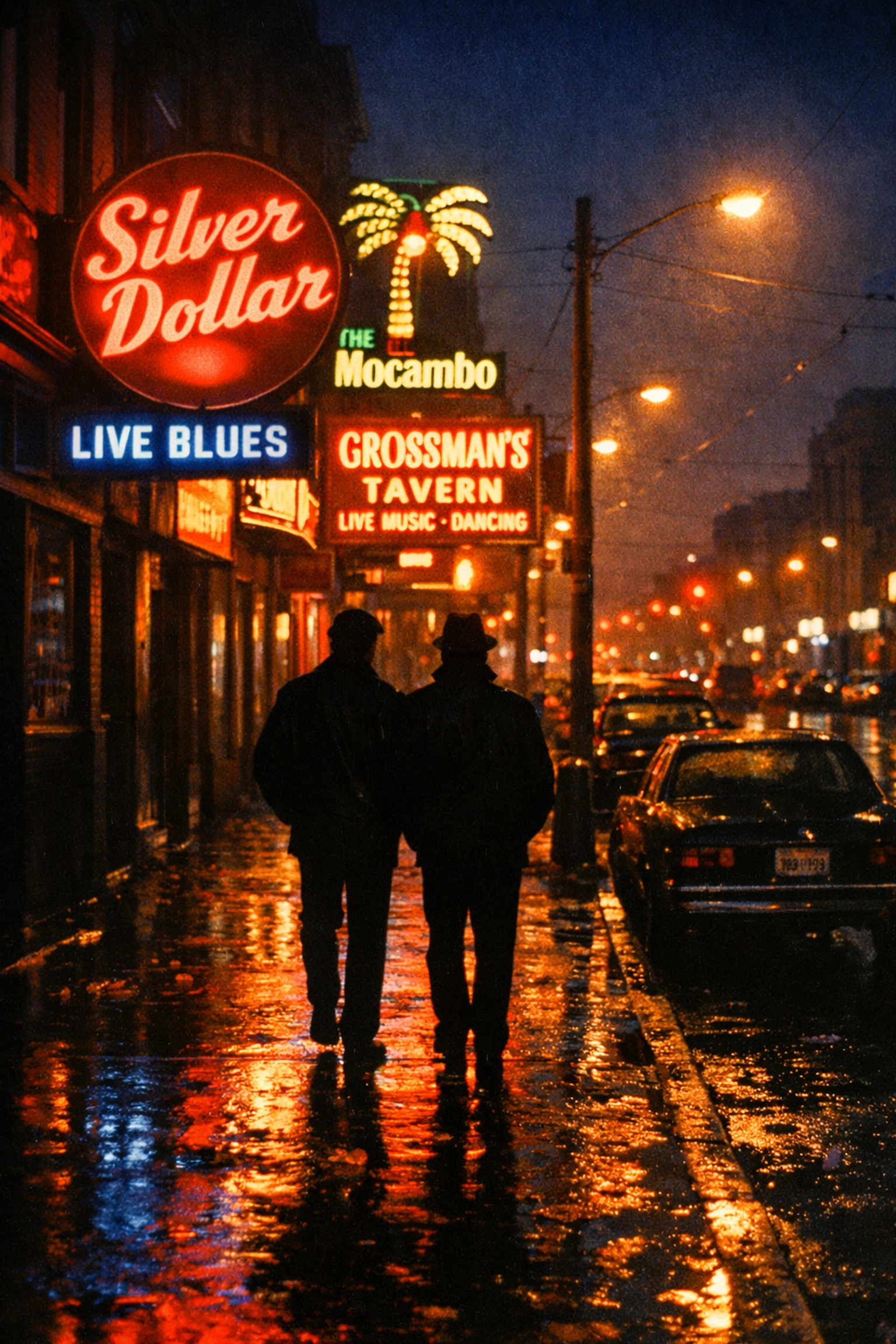 Toronto's Spadina Avenue at night in the 1980s, historic music venue district with neon signs