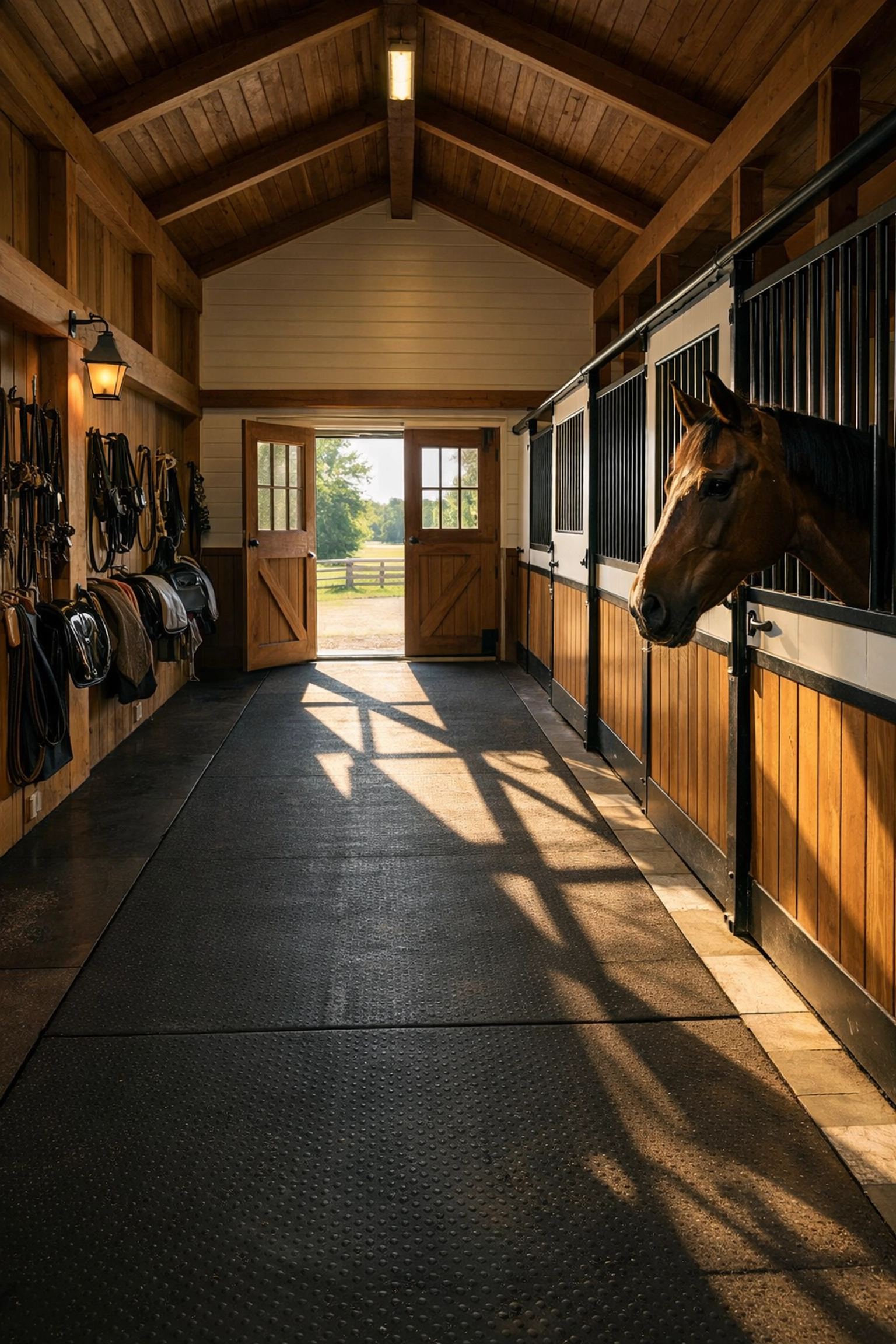Horse barn interior with stalls and center aisle at Waxhaw equestrian property