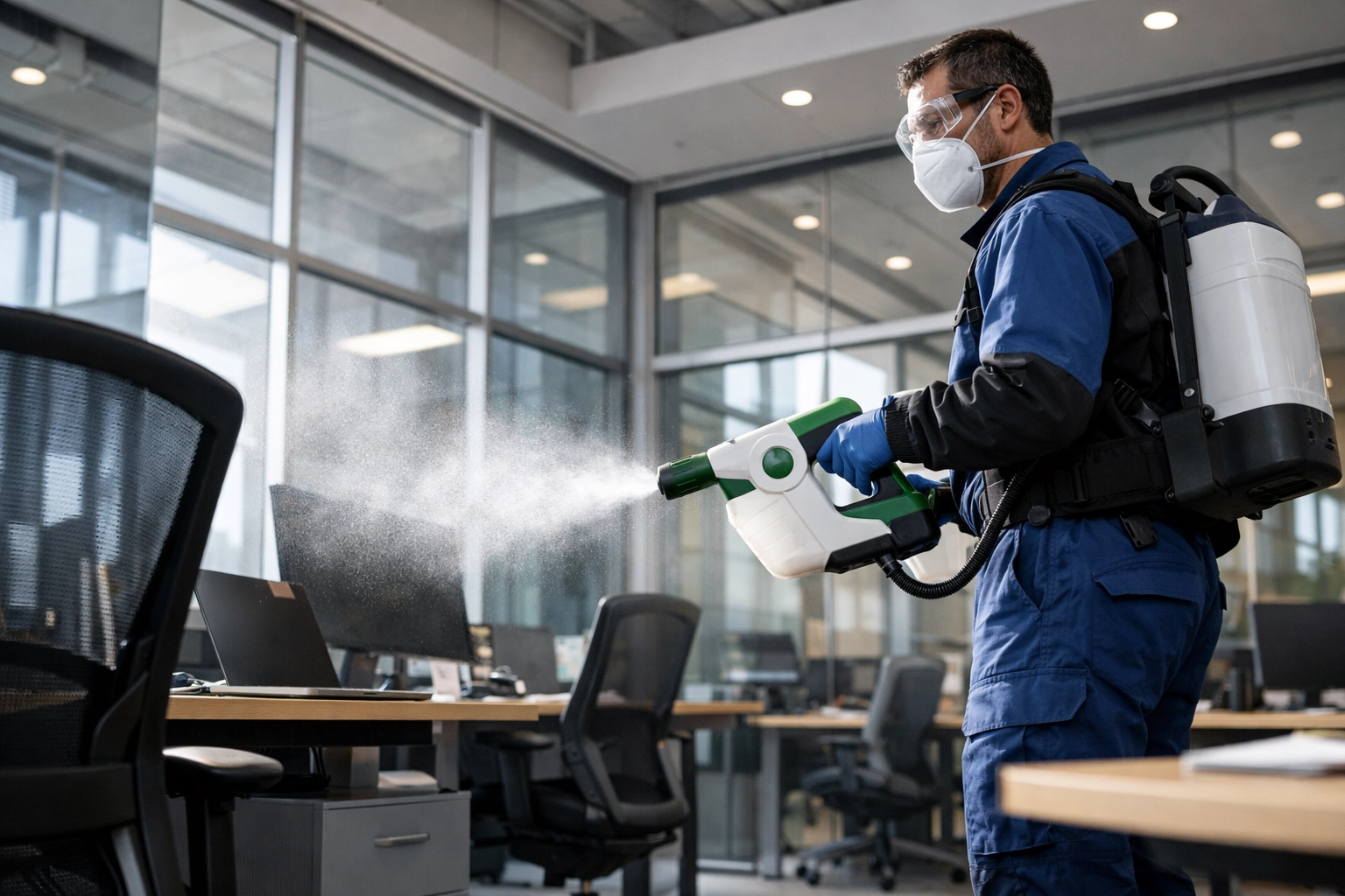 Professional using electrostatic sprayer for office disinfection in modern workspace