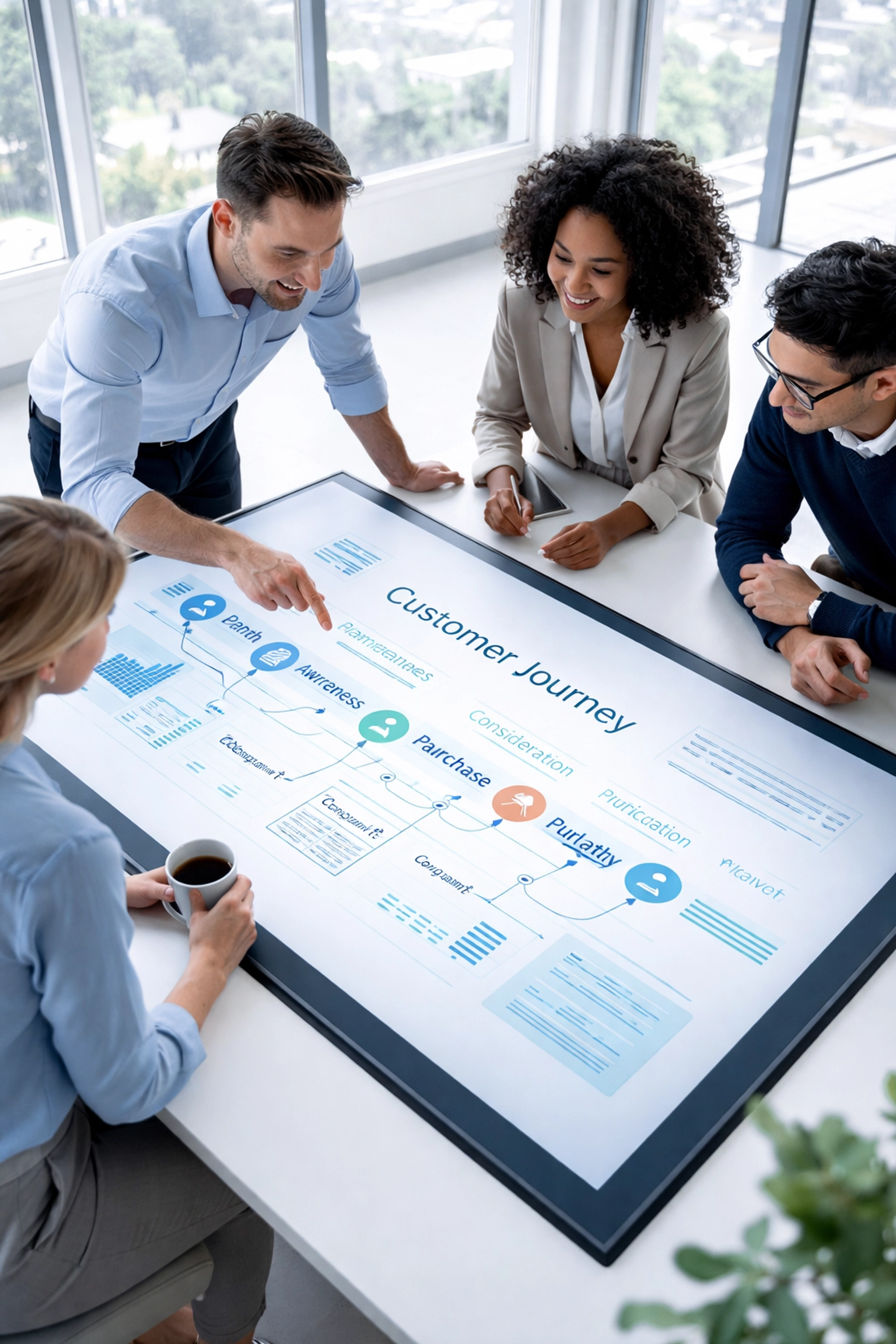 Diverse team collaborating around touchscreen table mapping unified customer journey, showing data integration