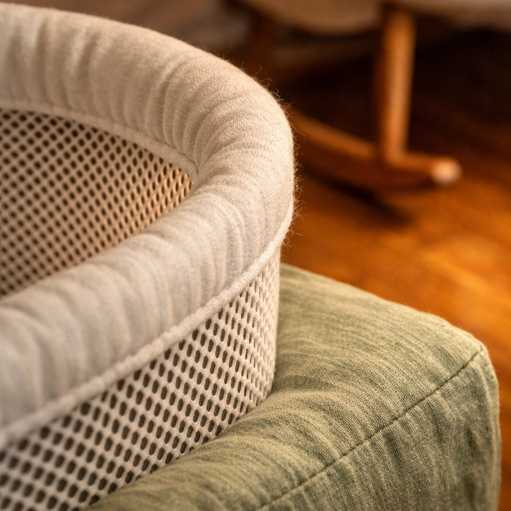 Breathable mesh bassinet with a sage-green fitted sheet in a calm nursery setting for safe postpartum sleep.