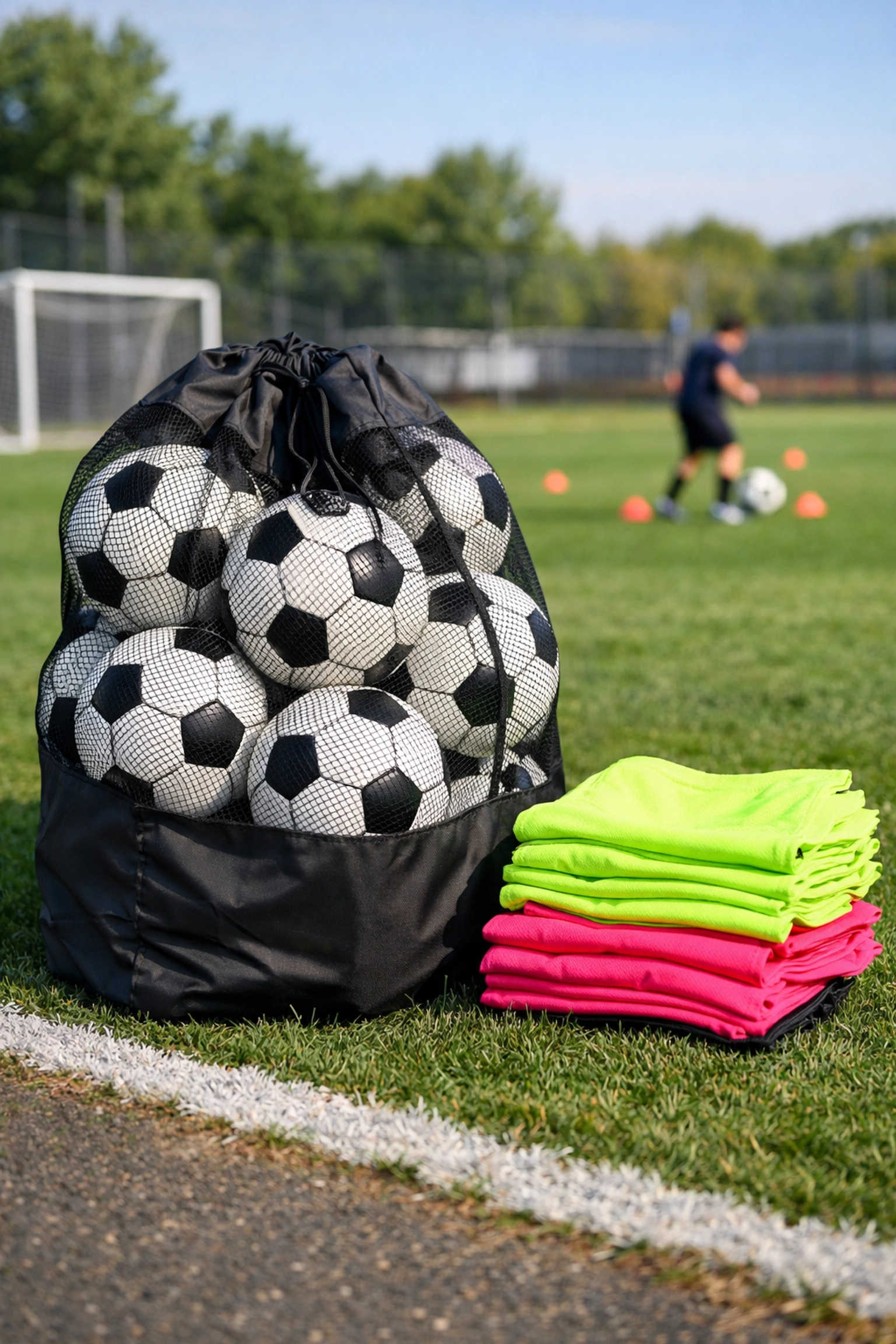 A mesh bag of footballs and bright training bibs on the sideline, key budget coaches sports equipment.
