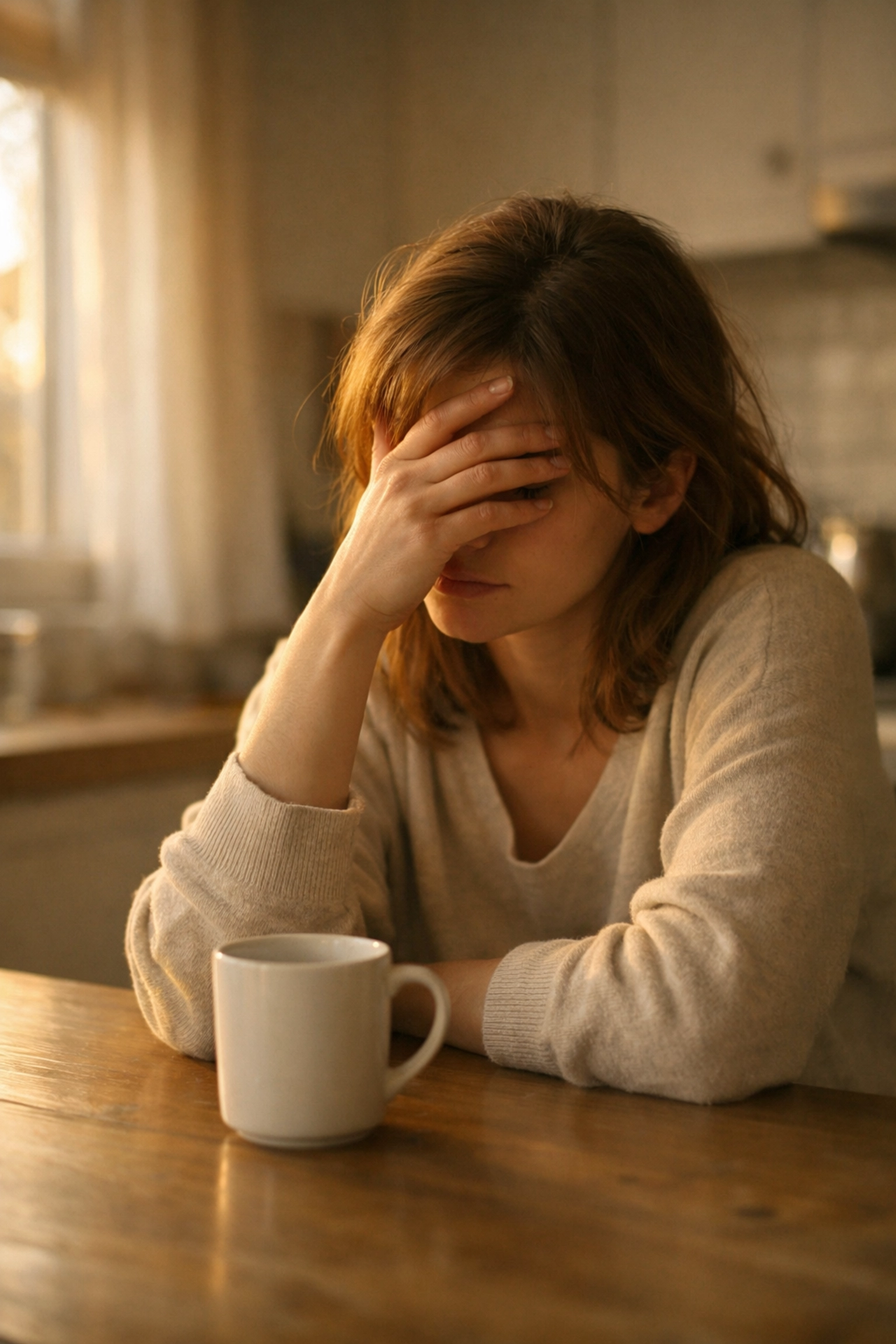 Woman feeling overwhelmed by guilt from narcissistic mother expectations