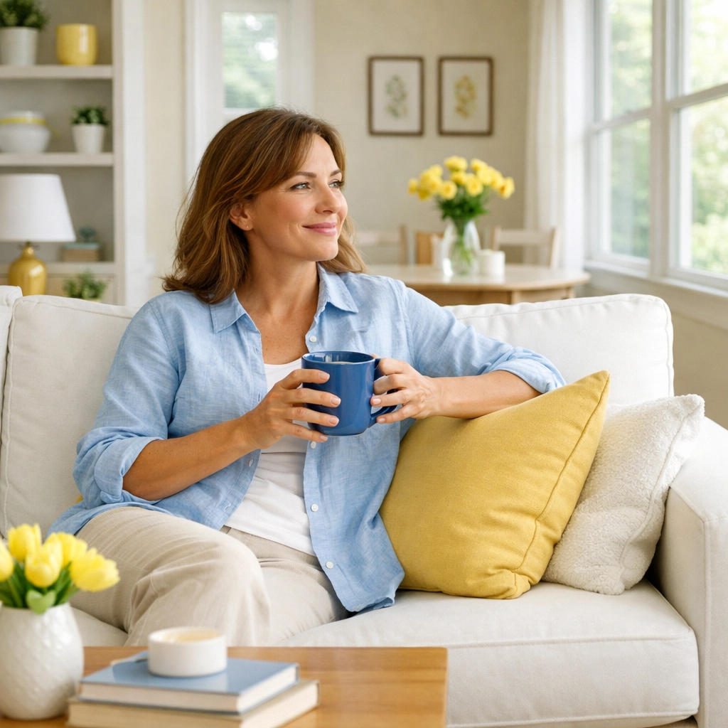 Stress-free homeowner in a clean living room thanks to weekly vs bi-weekly house cleaning in Lincoln.