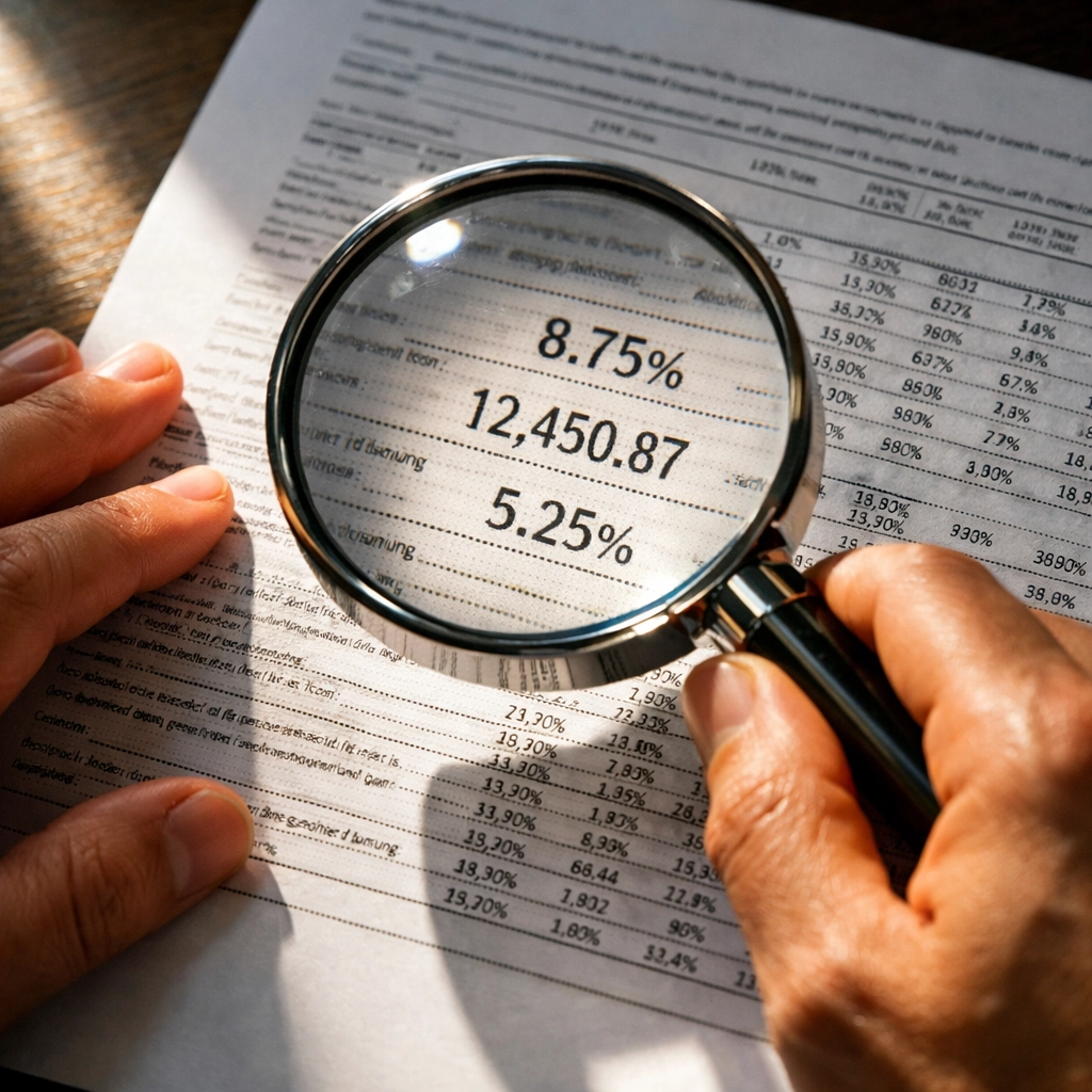 Examining IUL policy fine print with magnifying glass to understand fees and charges