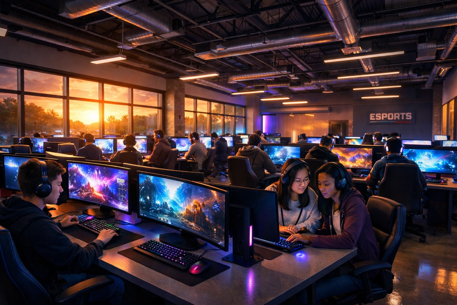 High school esports training facility with gaming workstations and students collaborating on digital learning