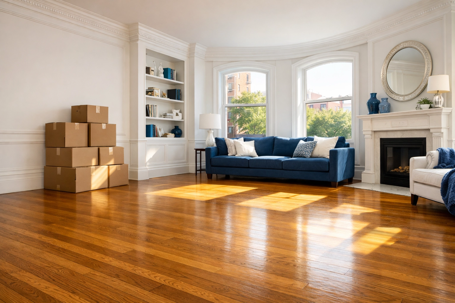 Clean living room in a Boston brownstone after moving boxes, highlighting high-end move-out cleaning standards.