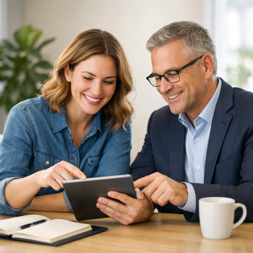 A startup founder and financial advisor reviewing tax compliance strategies on a tablet.