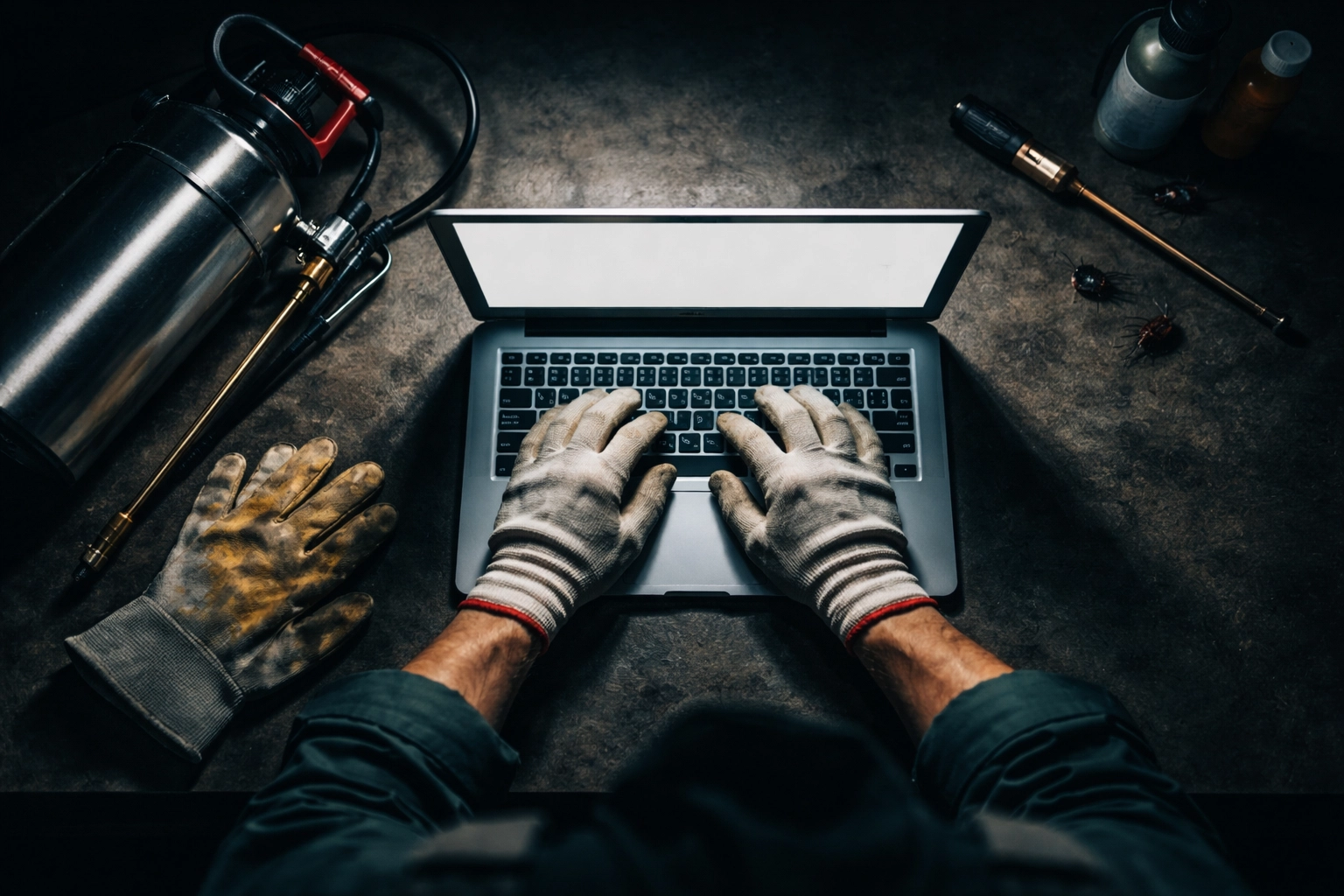 Pest control technician using a laptop with equipment beside, emphasizing monthly website updates for Brisbane pest services.