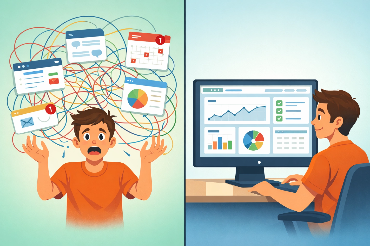 Comparison showing chaotic multiple tools versus organized unified business platform dashboard