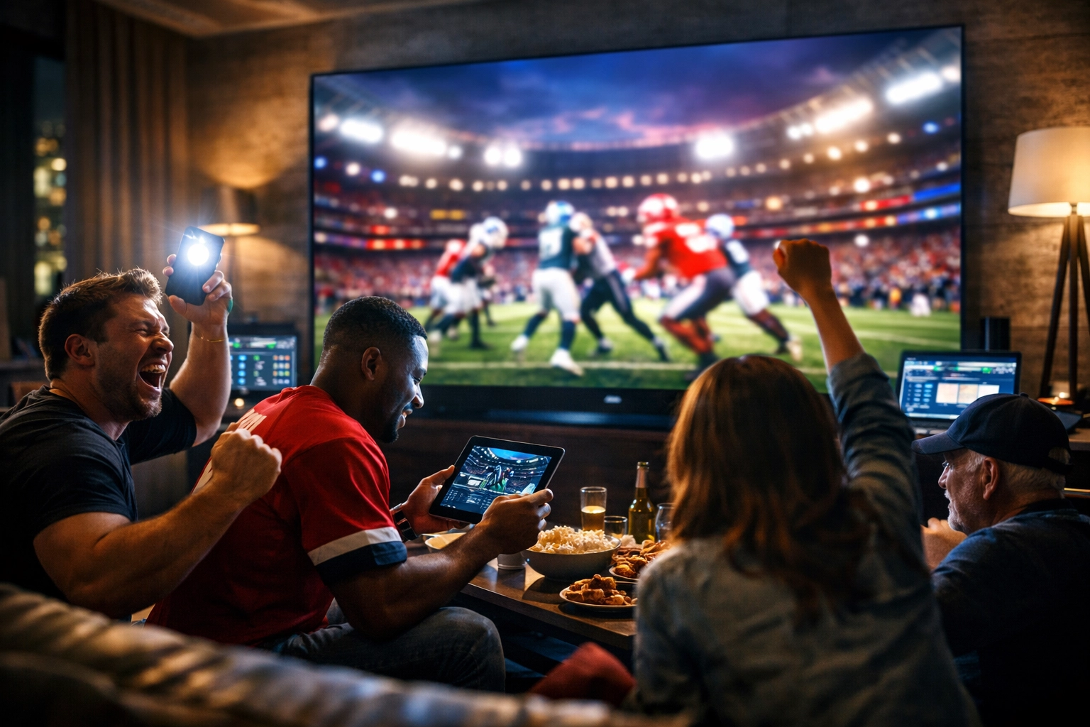 Fans watching the 2026 Super Bowl while engaging with digital brand content and NIL athlete influencers.
