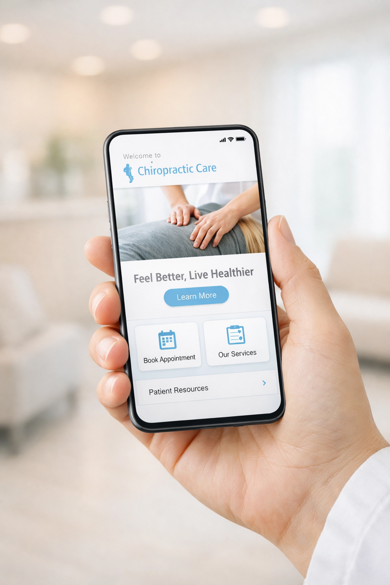 Patient using a fast-loading, mobile-responsive chiropractic website on a smartphone in a clinic.