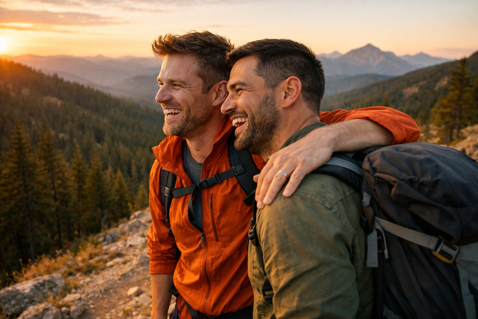 Gay couple hiking together on mountain trail enjoying nature and outdoor adventure