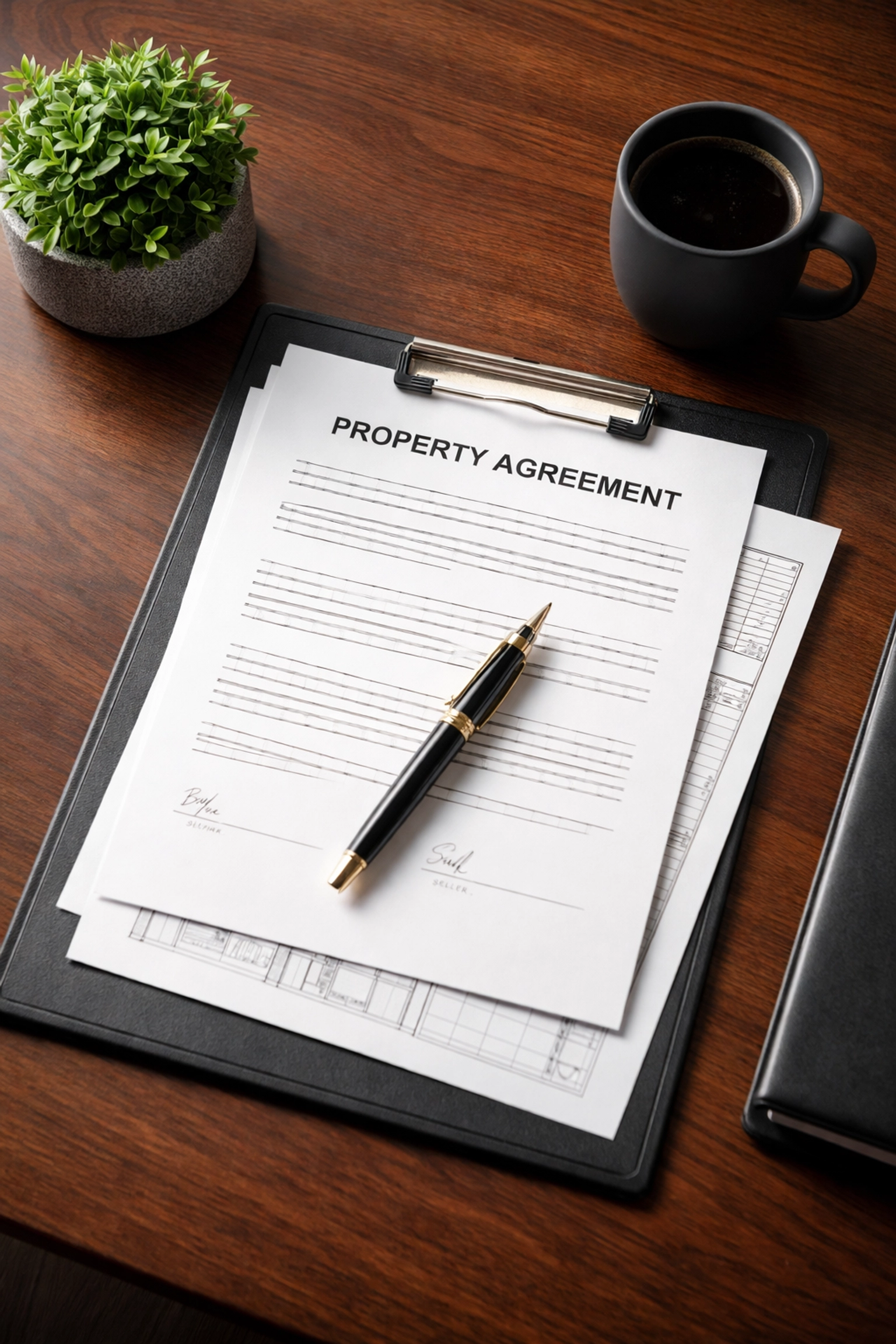 Overhead view of organised property documents and tools for professional landlord compliance