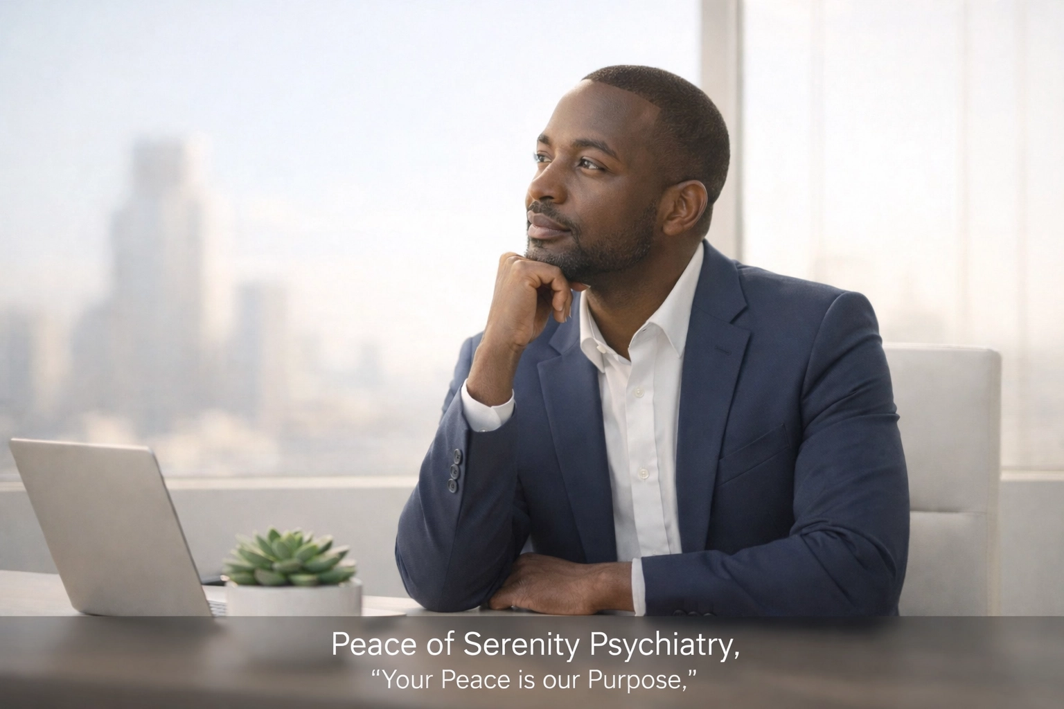 A thoughtful professional in a bright office reflecting on workplace bullying and mental health awareness.