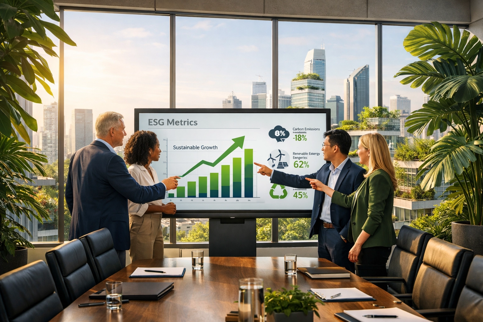 Corporate team reviewing ServiceNow ESG metrics and business KPIs on a digital display.