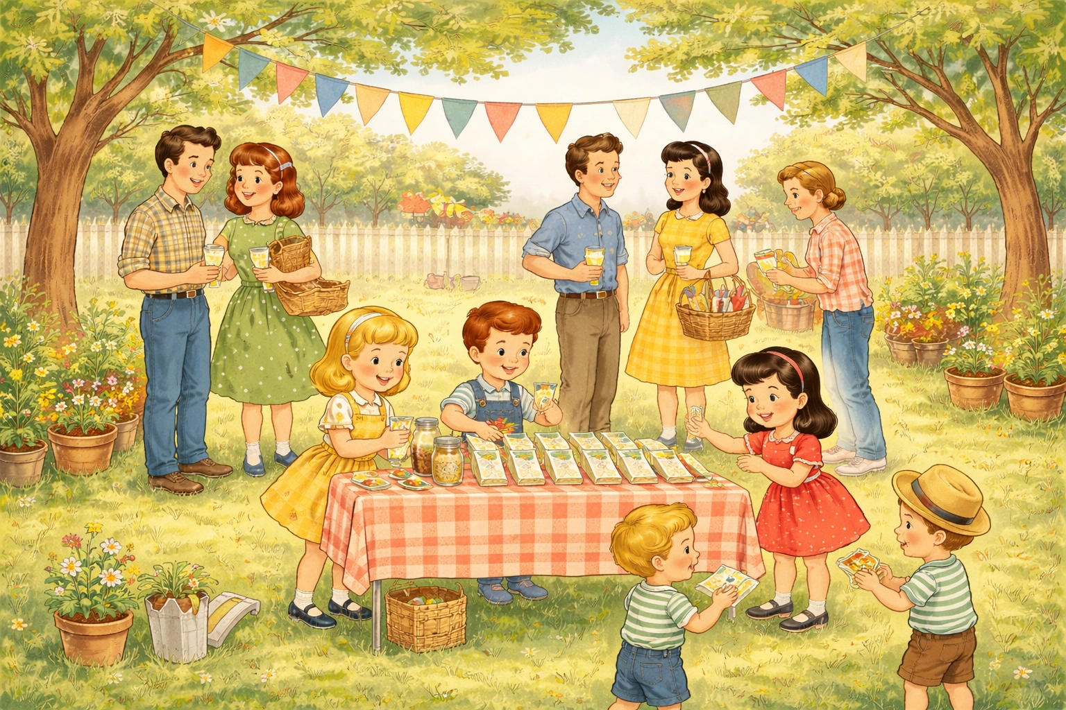 Lively backyard seed swap party with children and parents sharing seeds under bunting flags