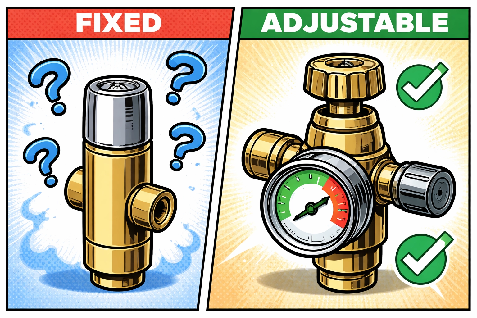 Technical comic-style split diagram comparing fixed and adjustable RV water pressure regulators side by side.