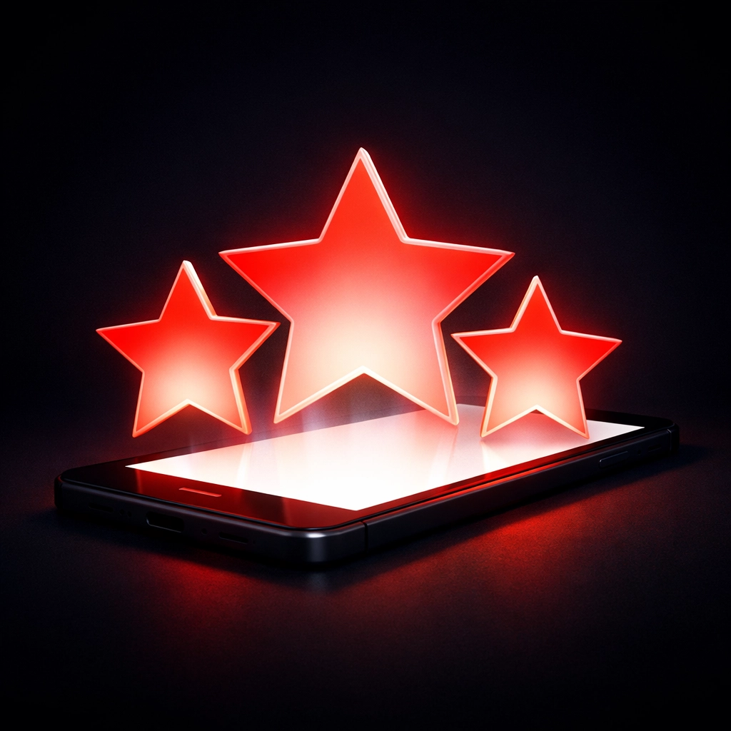 Smartphone with star ratings showing the importance of online reviews and social proof.
