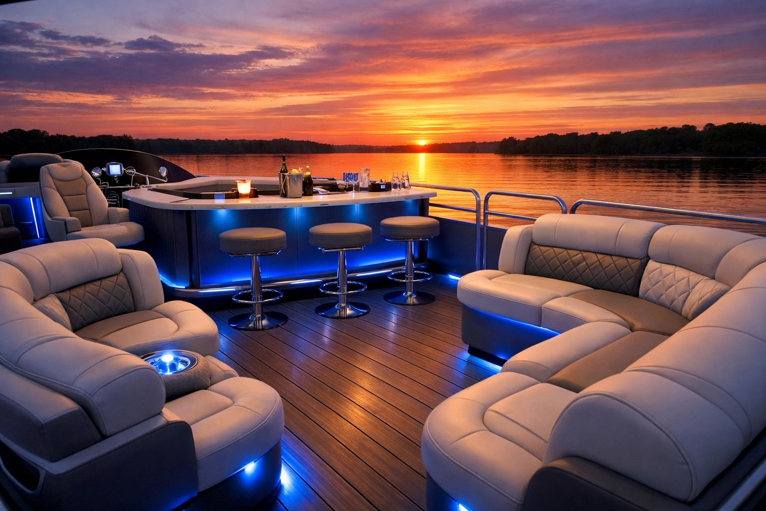 Luxury pontoon features to inspect at a boat show: high-end pontoon furniture, entertainment bar, premium upholstery, and accent lighting—comfort and upgrade checklist.