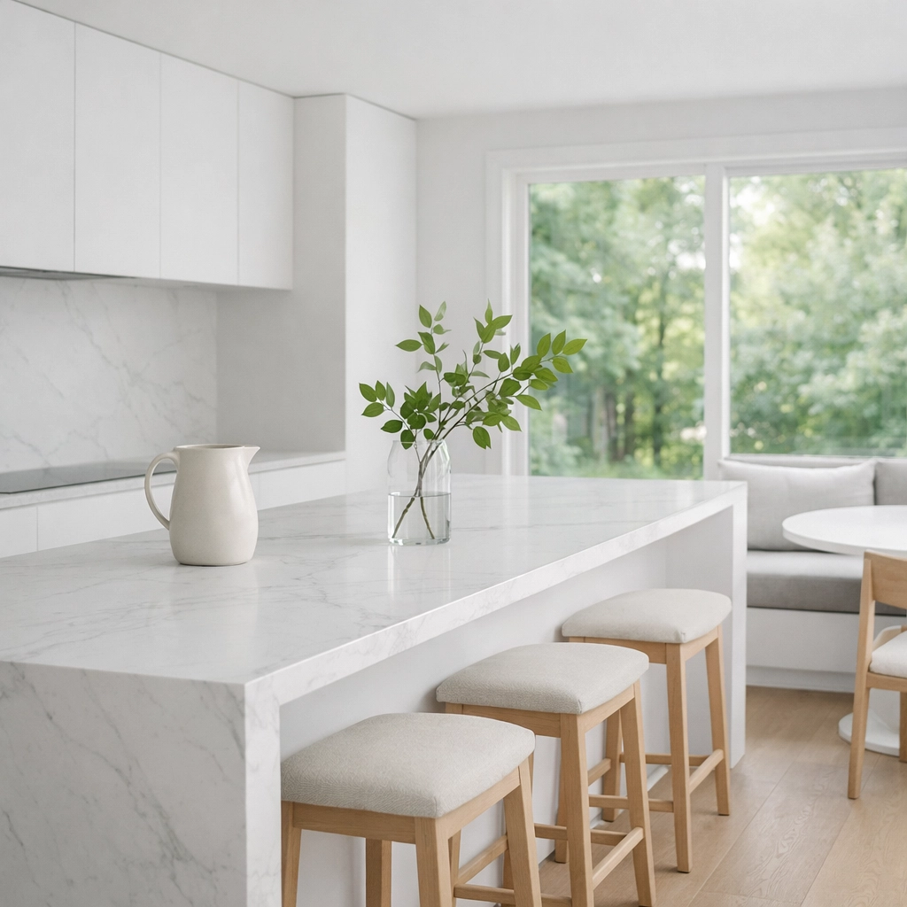 Sleek minimalist kitchen with marble countertops in a high-end Hudson, Ohio luxury home.