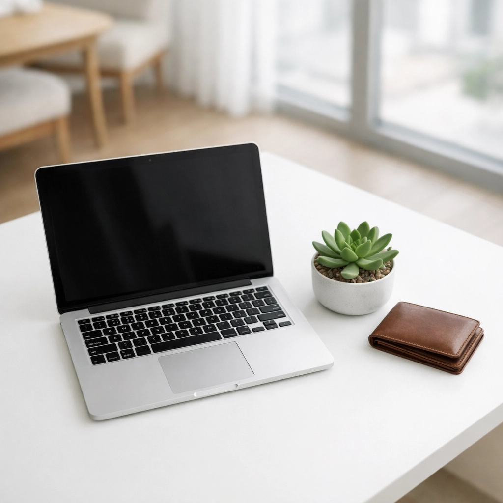 Modern workspace with a laptop and wallet, representing preparation to borrow 1,000 dollars in Canada.