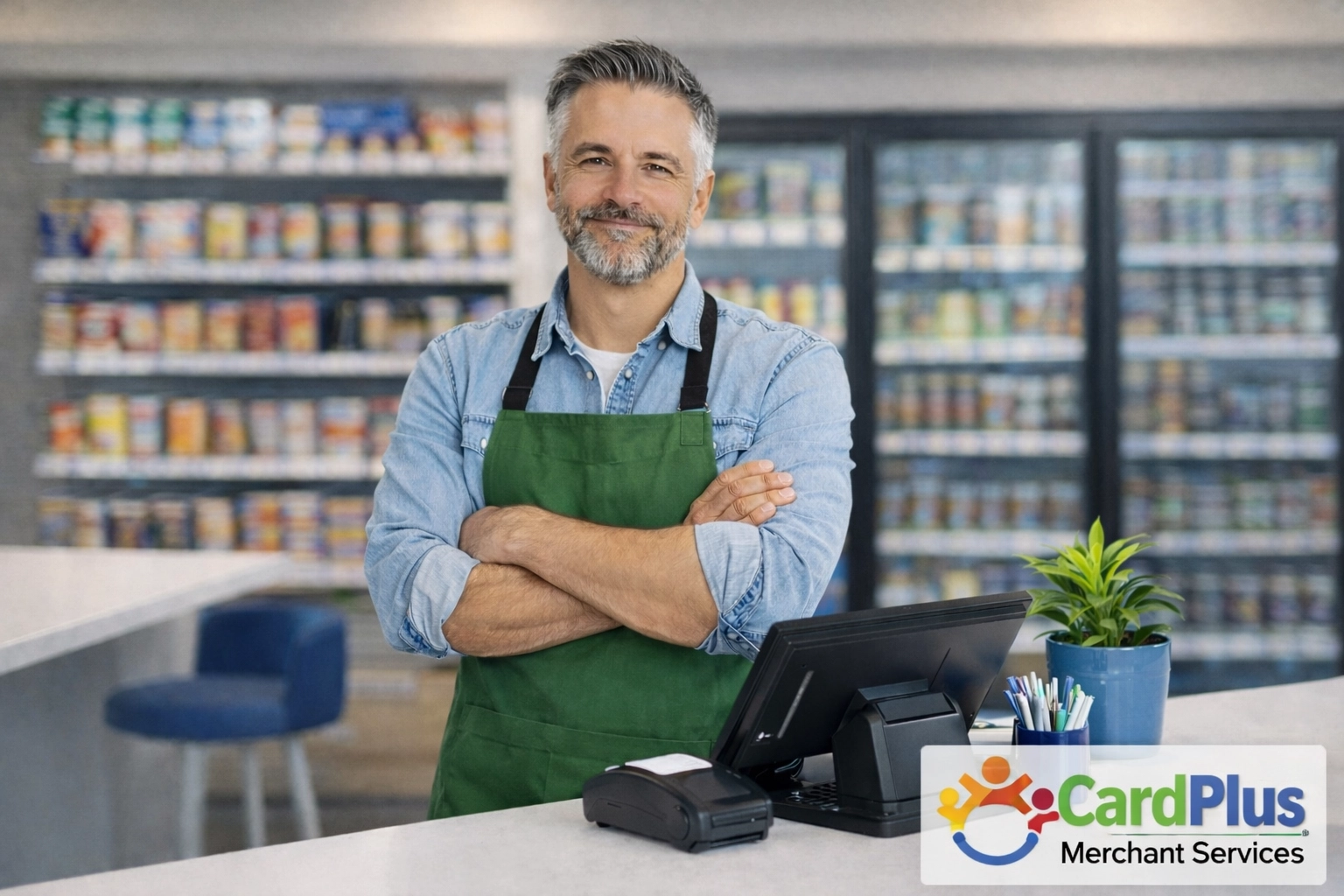 GOKUL + CardPlus: A relaxed store owner at a modern convenience store counter showing efficient retail management.