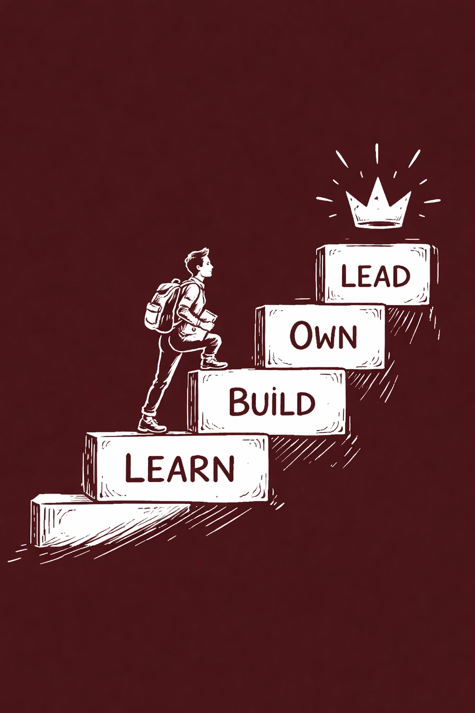 Creative individual climbing stairs labeled Learn, Build, Own, Lead, representing path from creative to entrepreneur