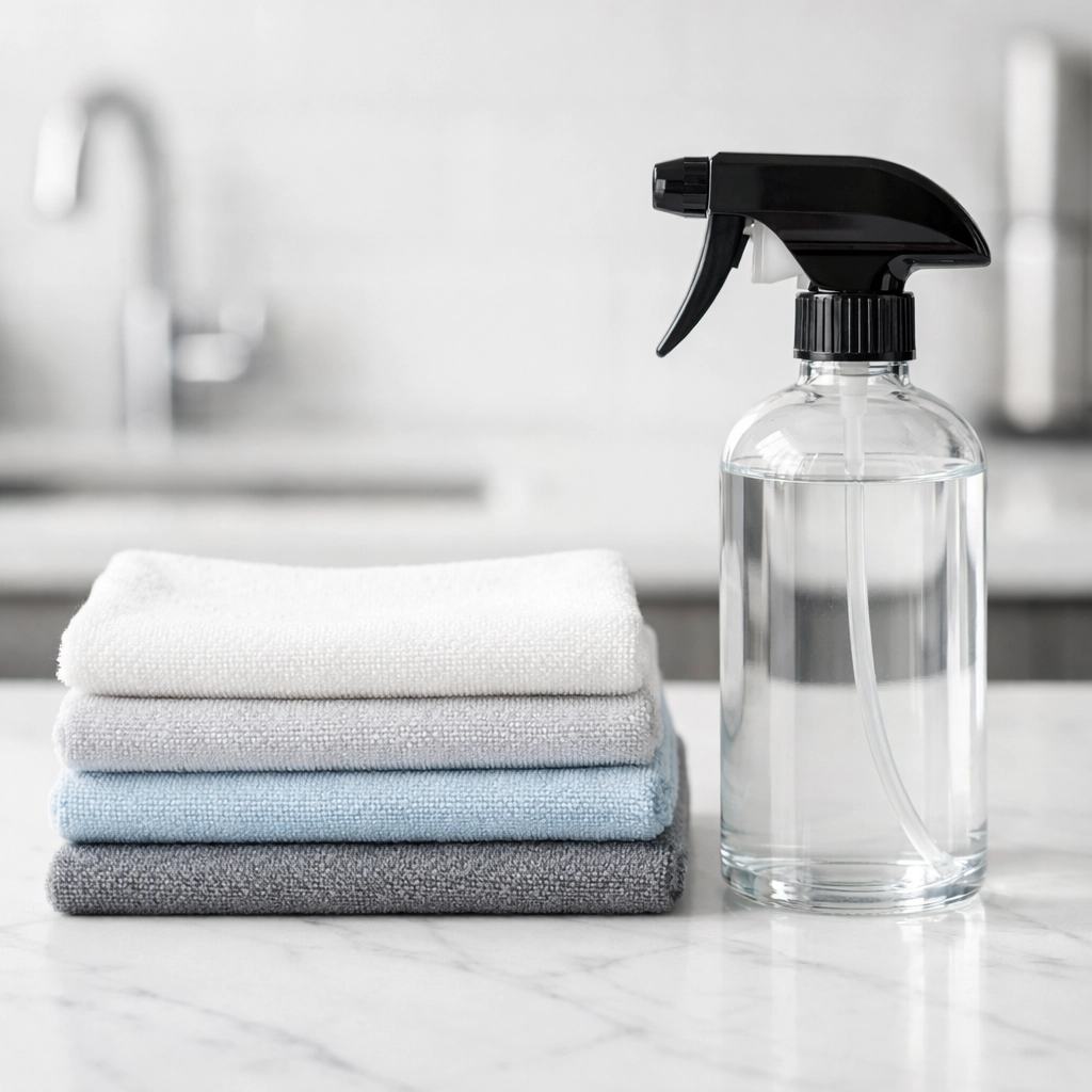 Professional cleaning supplies and microfiber cloths symbolizing vetted janitorial services in Indianapolis.