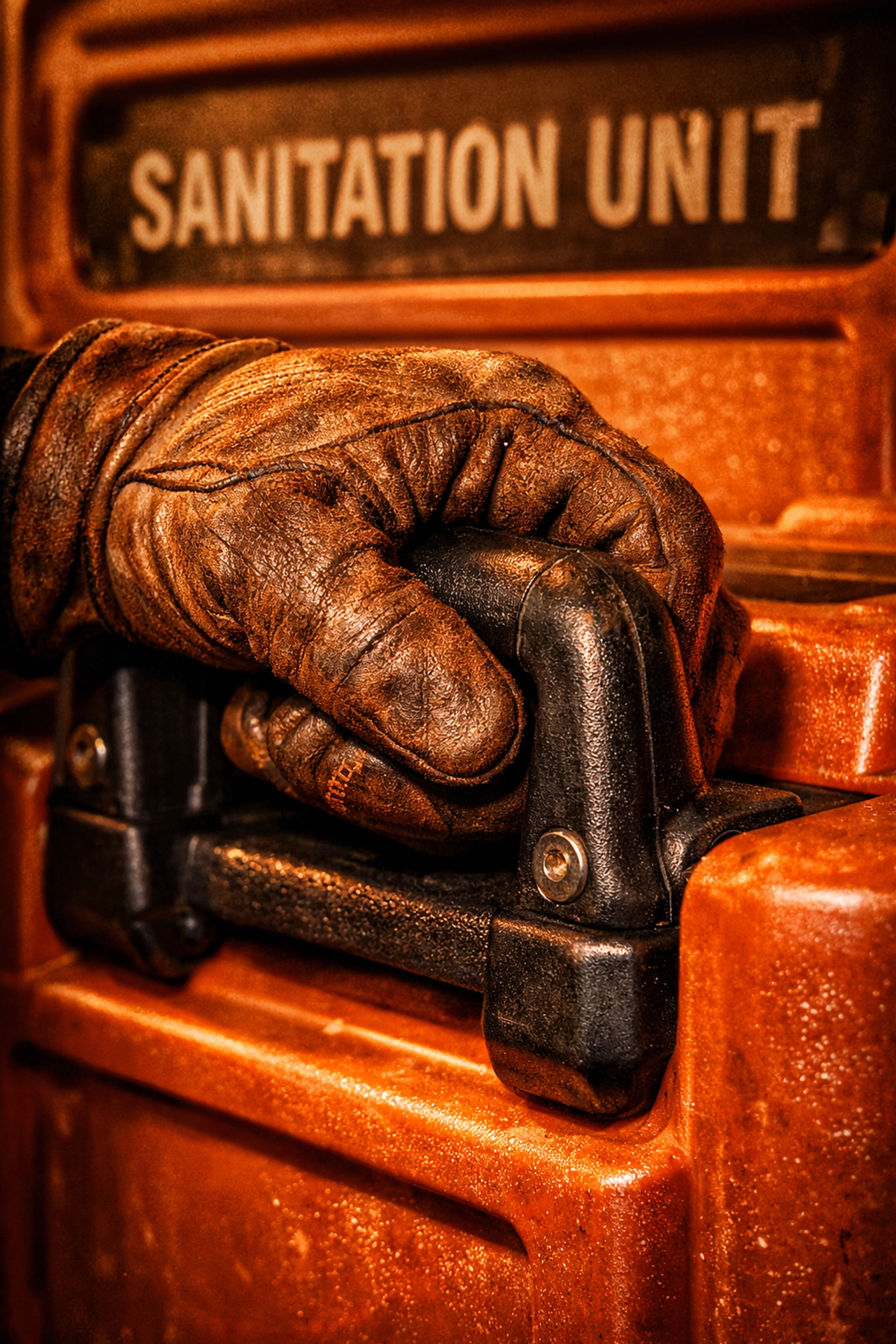 Worker's hand on a sanitation unit, representing professional portable toilet rental Fort Wayne standards.