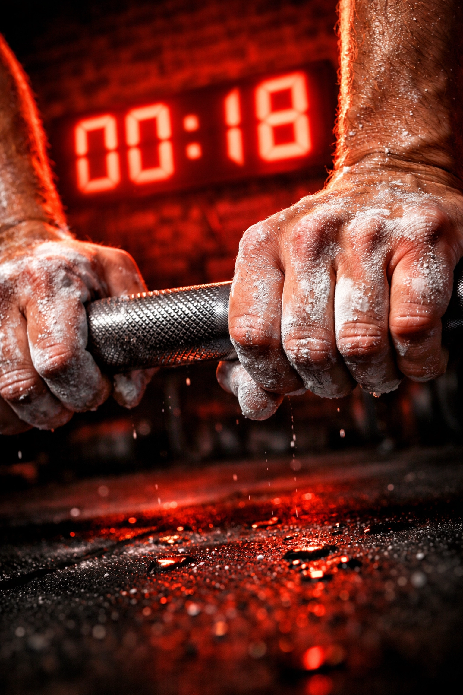 Chalked hands on a barbell with a glowing gym timer for high-intensity crossfit home gym workouts.