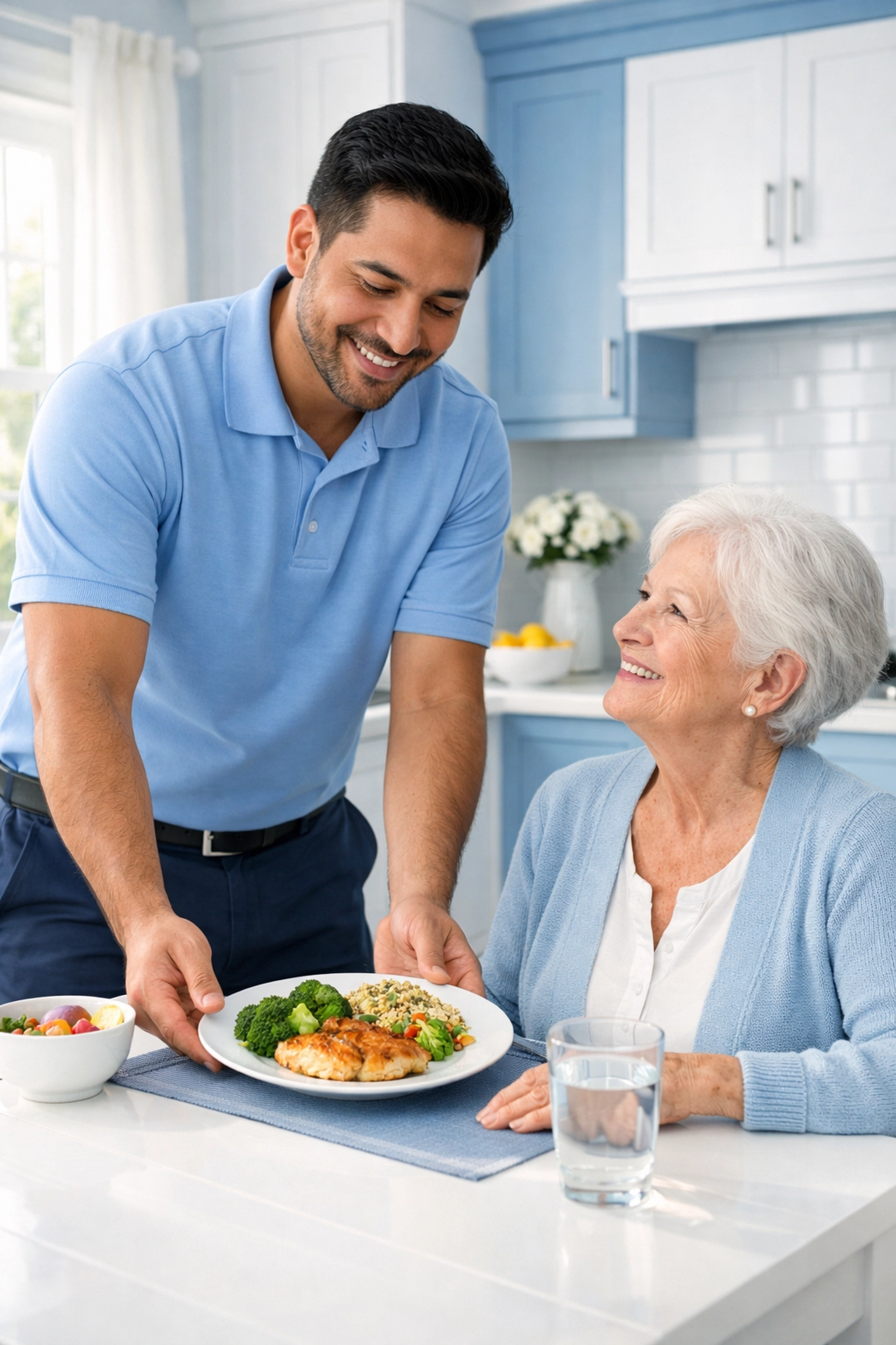 A professional home health aide preparing a healthy meal for a senior veteran in a bright, safe kitchen.