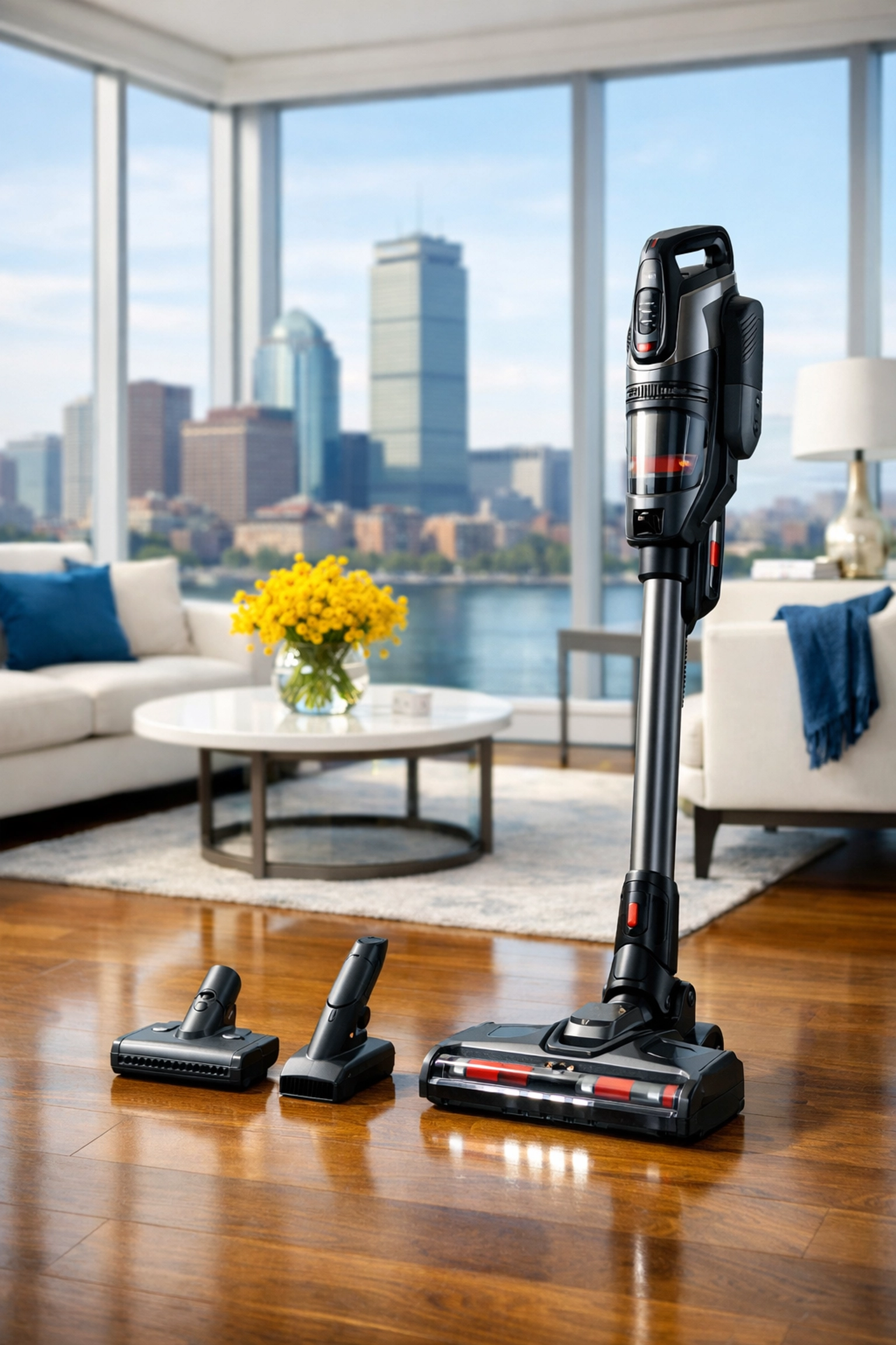 High-tech vacuum used by professional cleaners Boston MA in a modern city apartment.