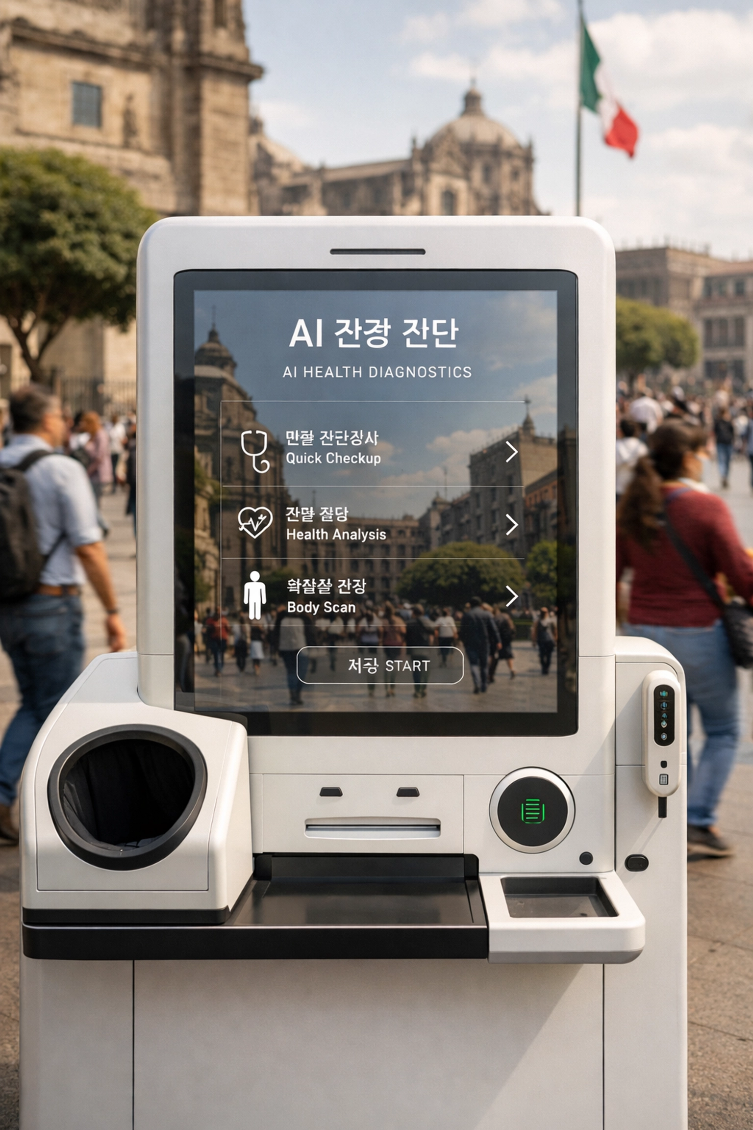 Korean AI medical kiosk in a Mexico City plaza, bridging Seoul innovation and Latin American urban infrastructure.