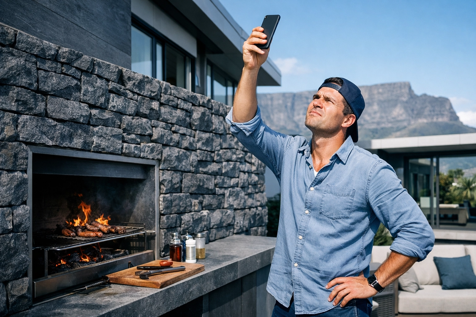 Frustrated homeowner checking phone signal near a thick stone wall at a Cape Town braai.
