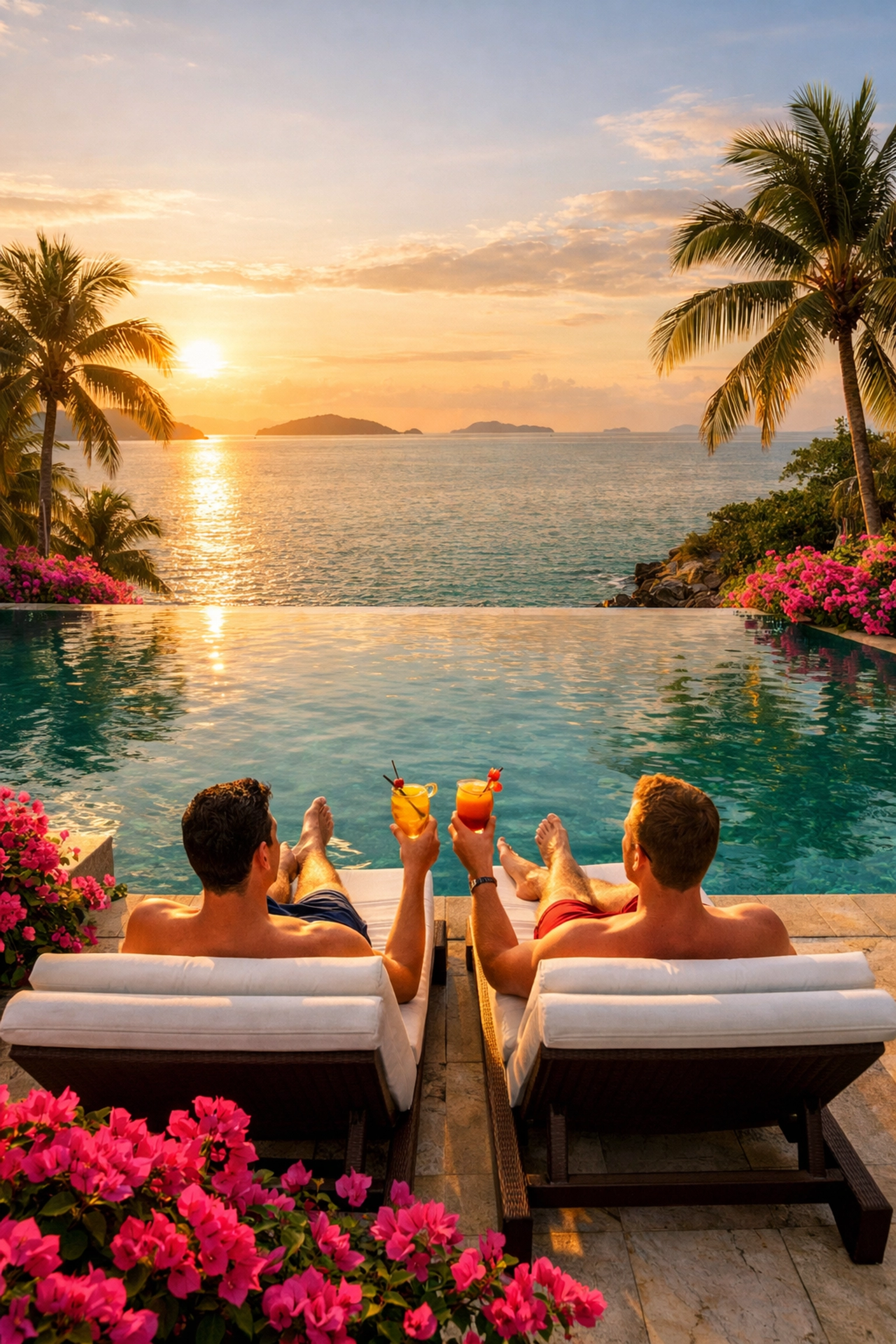 Gay couple relaxing at luxury infinity pool overlooking Andaman Sea in Phuket honeymoon resort