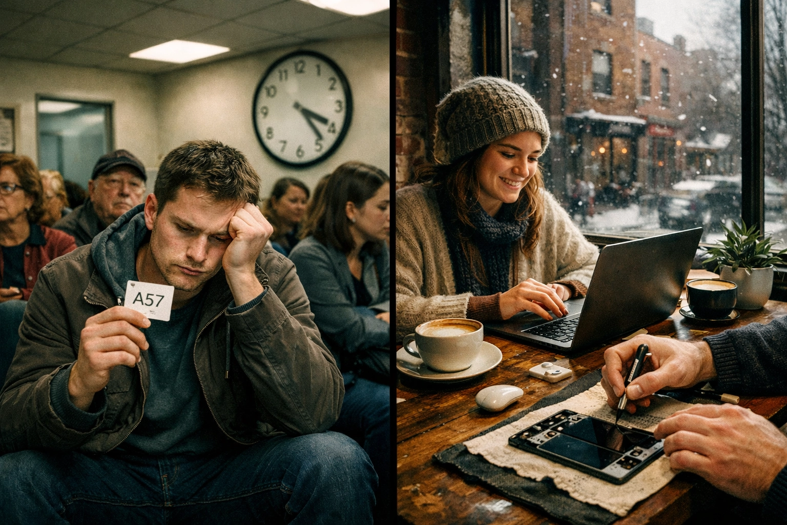 Comparison of waiting room delays vs convenient mobile phone repair service in Brooklyn cafe