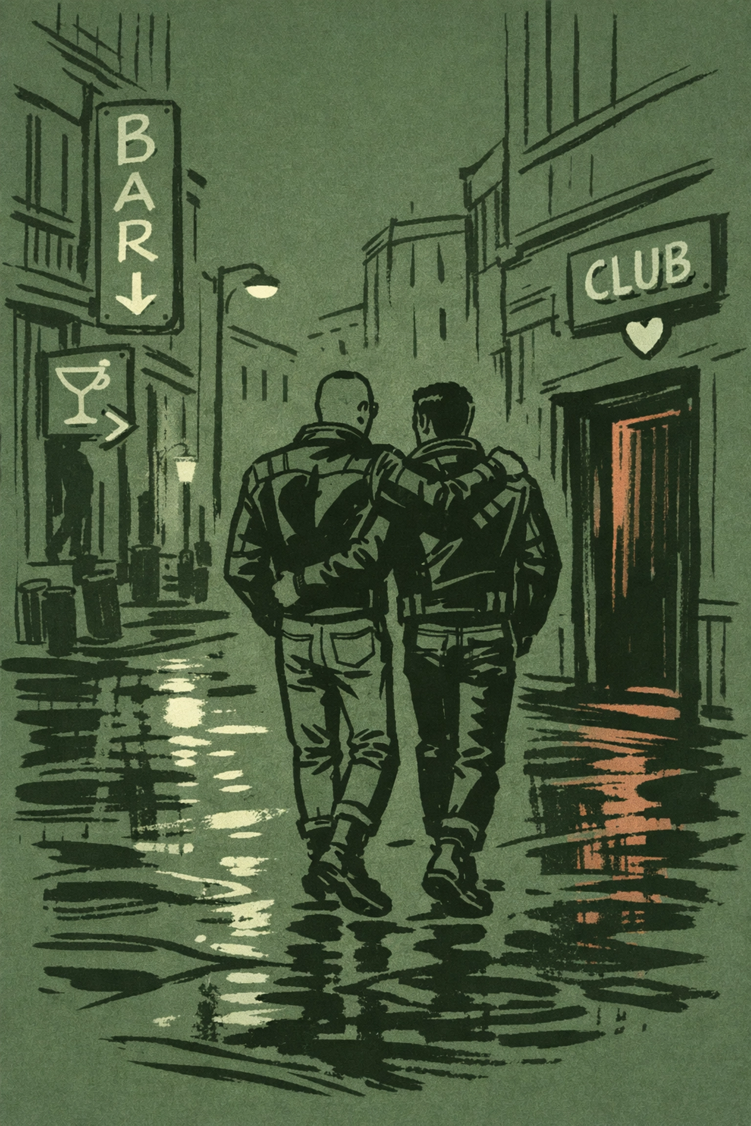 Two men in leather approaching Berlin gay bar entrance during nightlife hours