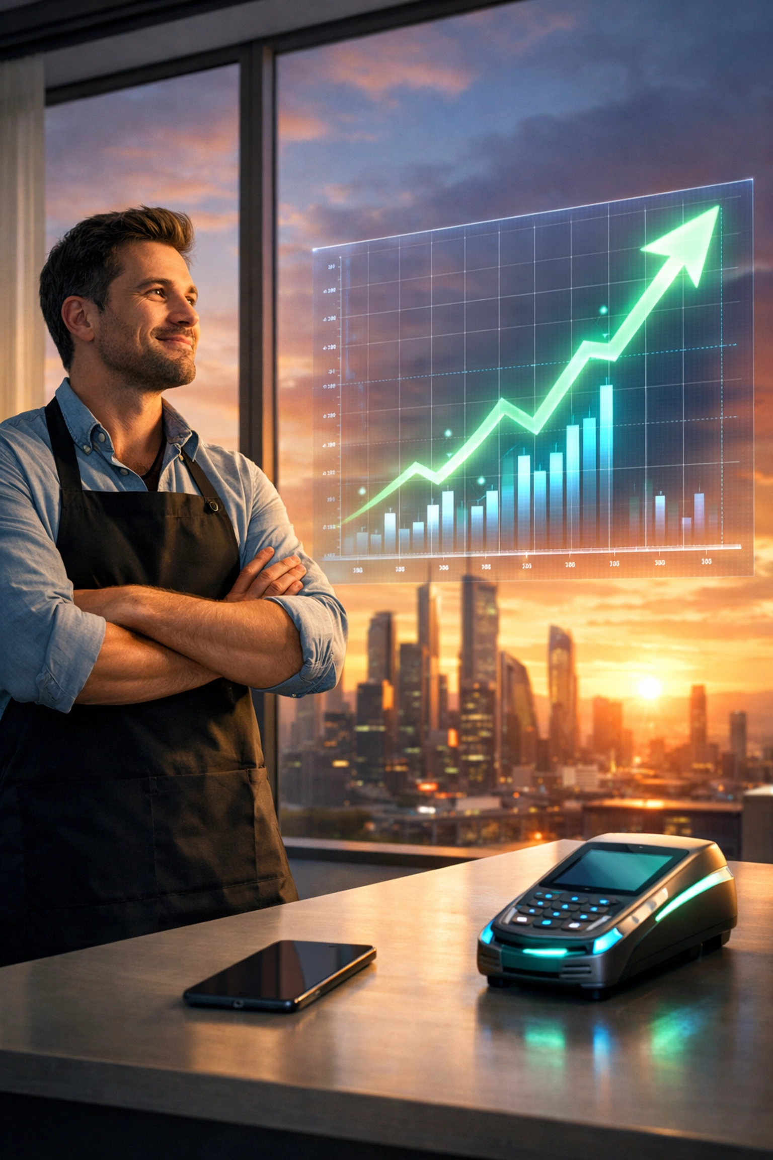 Successful merchant viewing a rising growth chart, illustrating increased profits using Larecoin solutions.