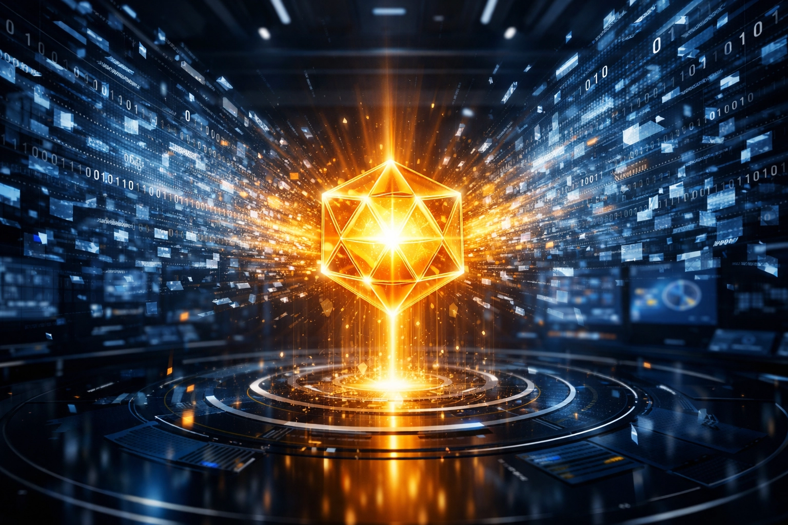 Data streams converging into a unified platform core representing efficient technology consolidation and ROI.