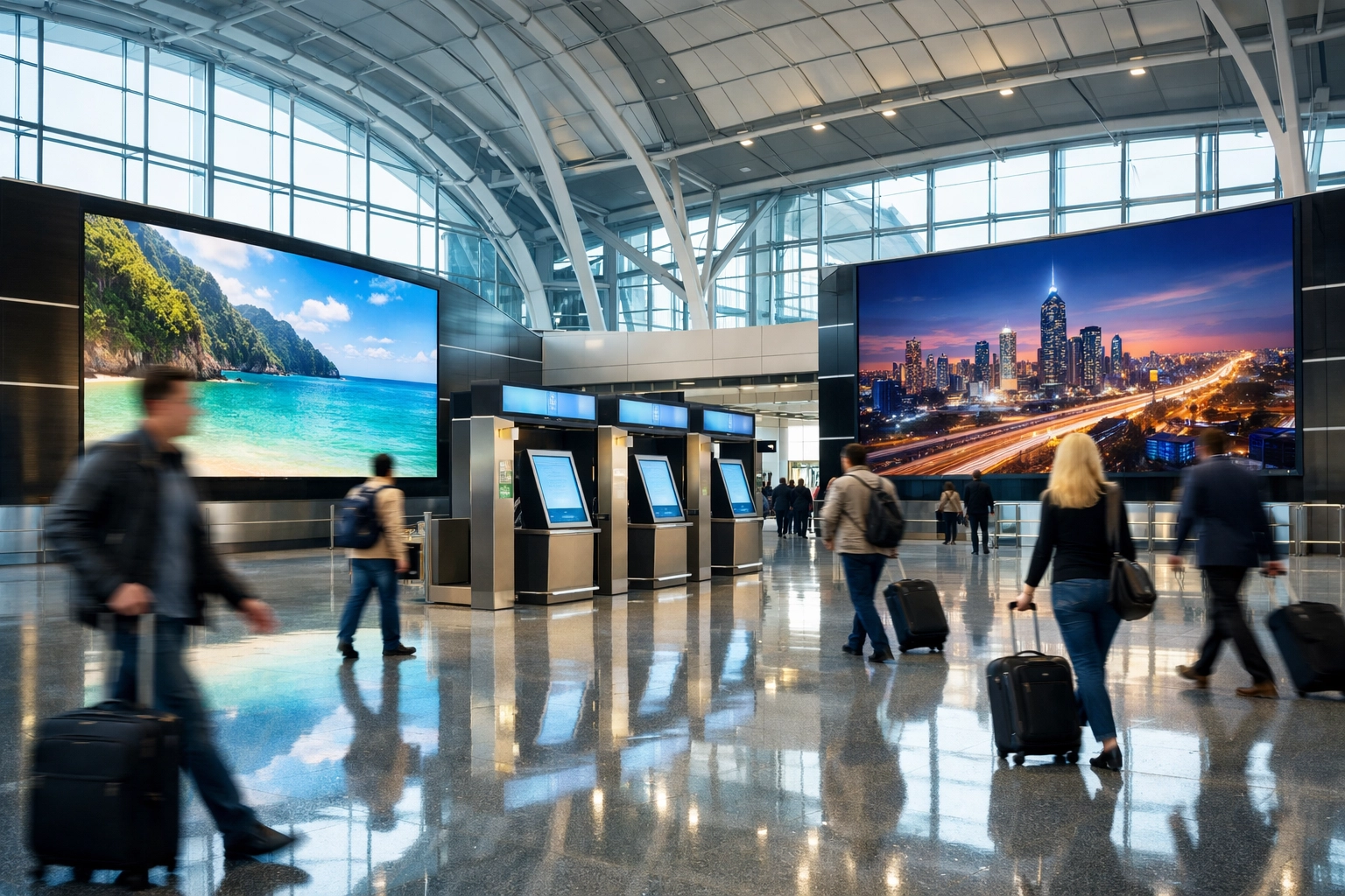 Airport terminal digital signage and kiosks showcasing transportation media consulting and sponsorship