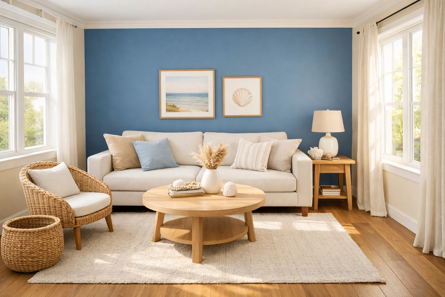Modern living room with coastal blue accent wall and warm neutral walls attracting 2026 buyers