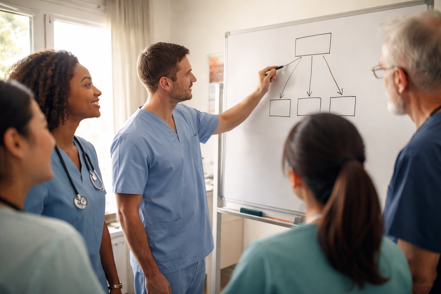 Healthcare team collaborating at a whiteboard, building systems for sustained momentum in a clinic setting.