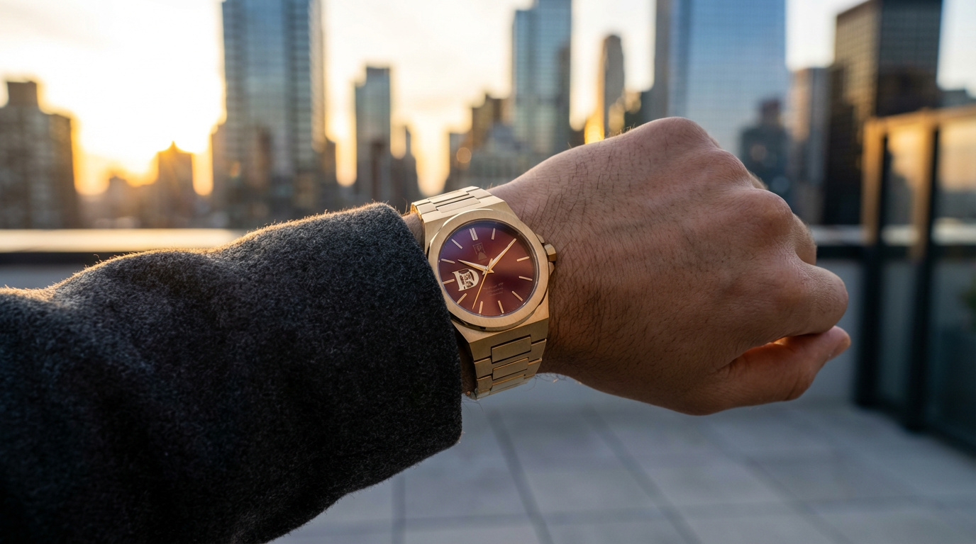 Gold-and-maroon Day & Night Watch Co. watch against the Dallas skyline at night.